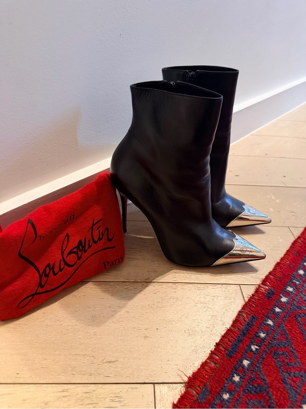 Christian Louboutin Calami Jane Black Pointed Boots w/Silver tip (37)